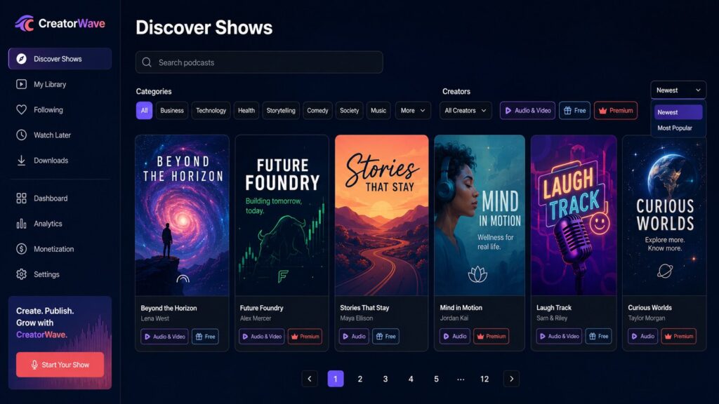 CreatorWave Discover Shows dashboard