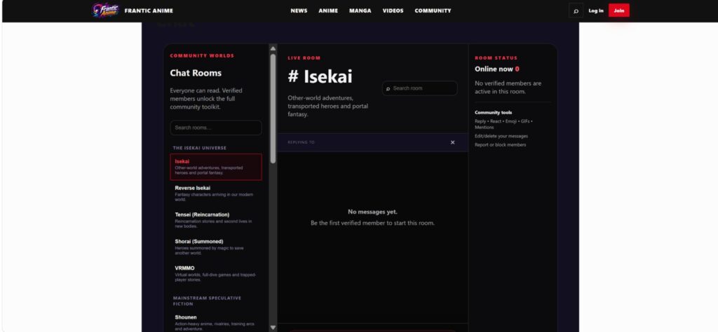 Frantic Anime community chat room