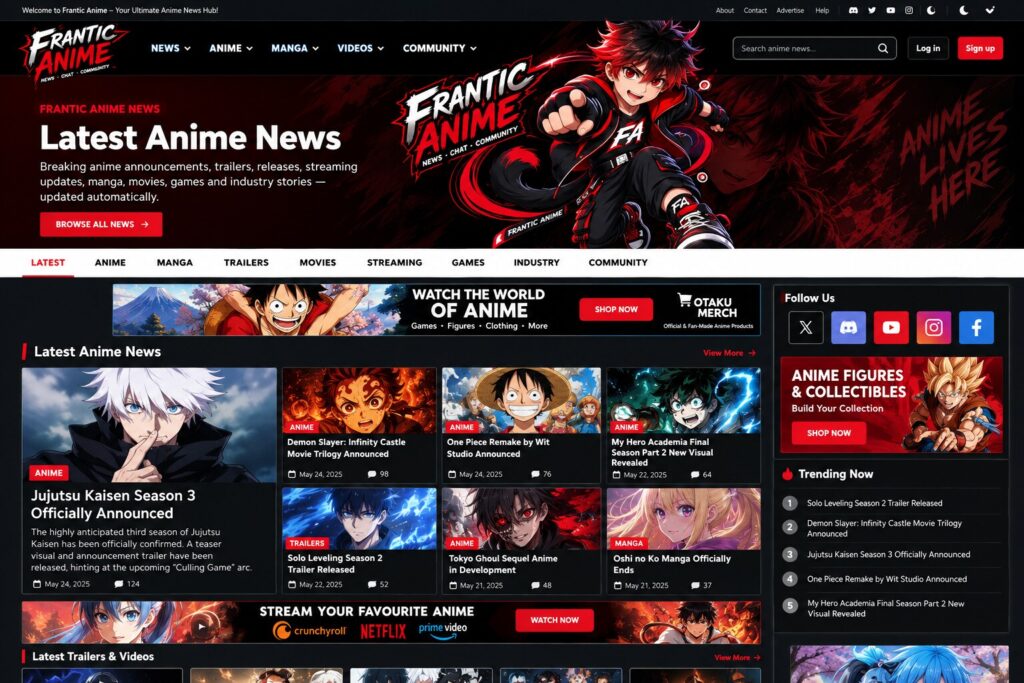 Frantic Anime website design showcase